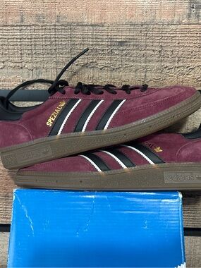 adidas Burgundy Suede Sneakers with Black & White Stripes